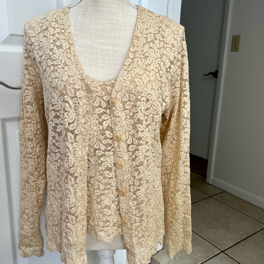 Lace sweater set, shell is M size, sweater is L. Sell as set only. Festive Sexy